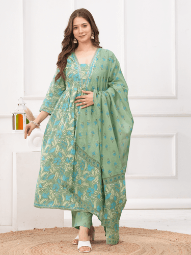 Green Flower Printed Anarkali Suit for Women