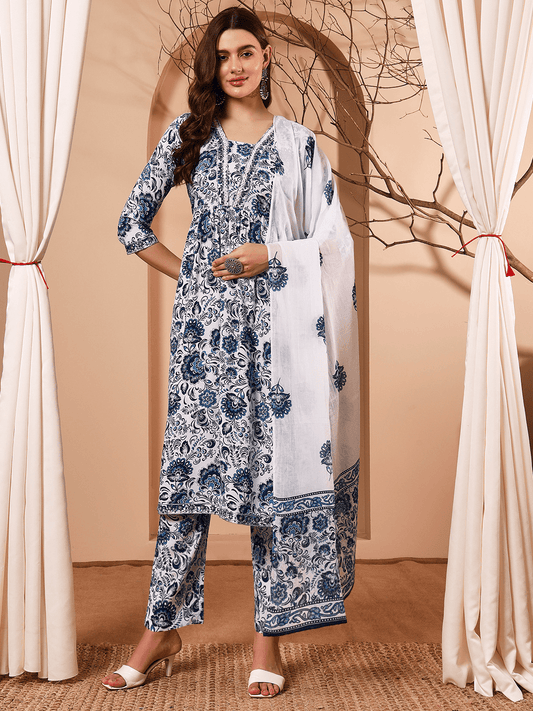 Blue Flower Printed Kurta Dupatta Set