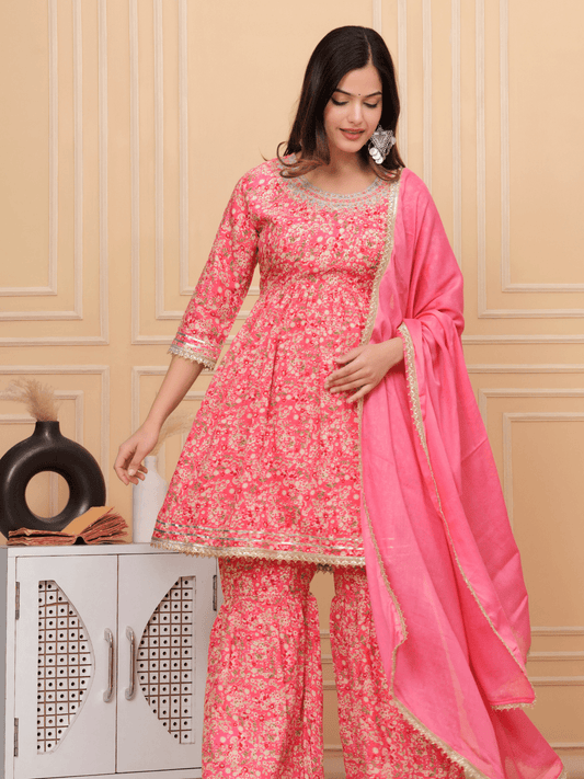 Floral Printed Pink Kurti Sharara Dupatta Set