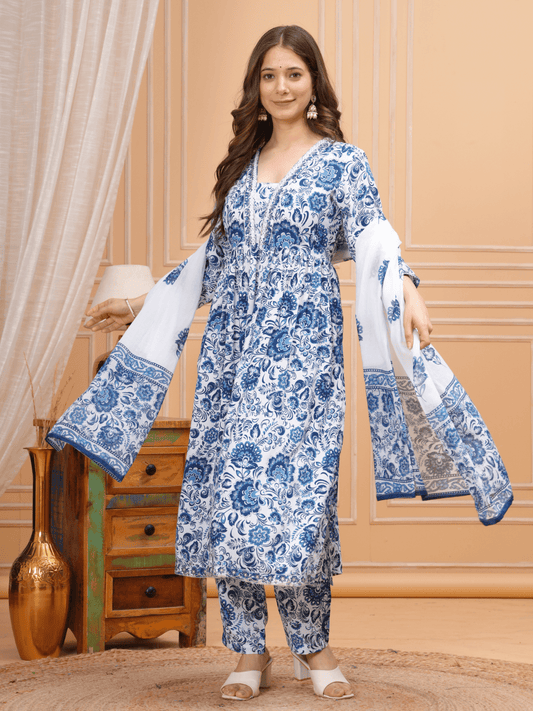 Printed Anarkali Kurta With Palazzo and Dupatta