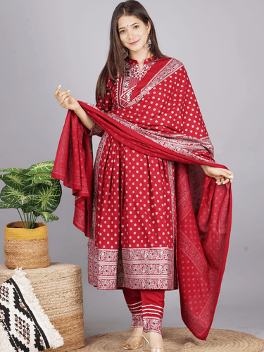 Red Printed Nyra Cut Suit for Women