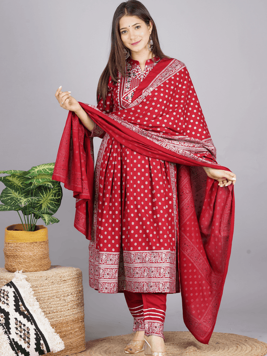 Maroon Printed Anarkali Kurta Set with Dupatta