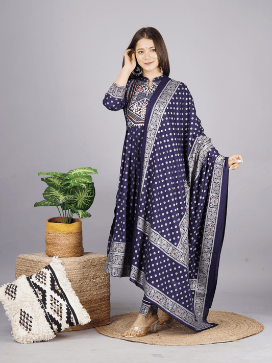 Blue Printed Anarkali Kurta Set with Dupatta