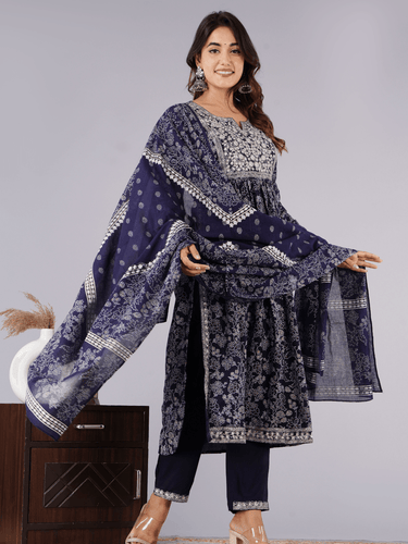 Blue Printed Nyra Cut Suit for Women