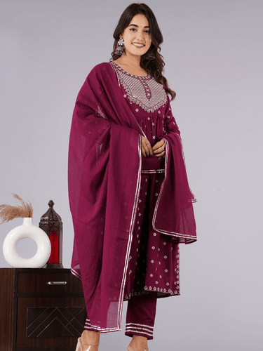 Maroon Printed Embroidered Suit for Women